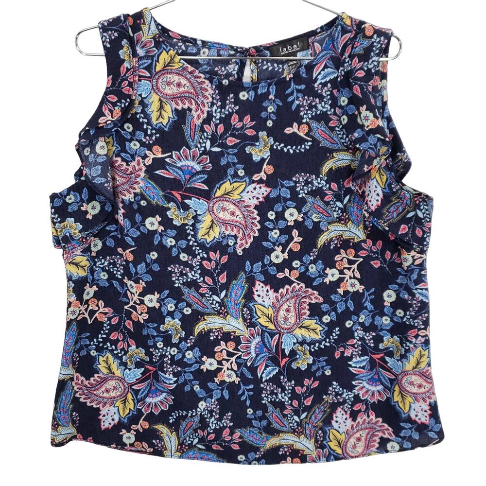 Rachel Roy Tank Top Womens Large Navy Multicolor Floral Keyhole Pullover Blouse